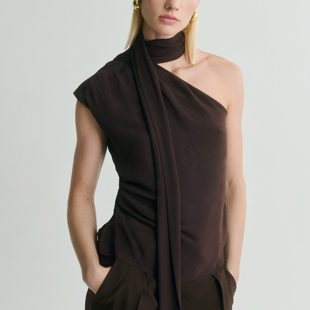 ASYMMETRICAL SCARF BLOUSE WITH FRINGE DETAIL